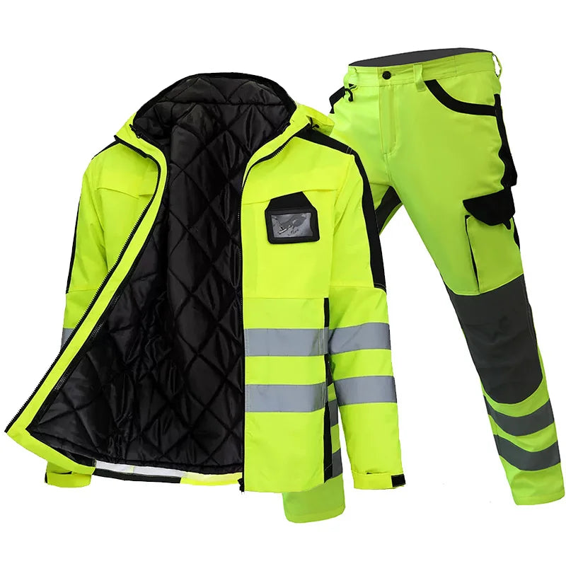 Hi Vis Work Clothes Working Suit for Man Mechanic 3 in 1 Winter Reflective Jacket Men for Work with Detachable Cotton Linner